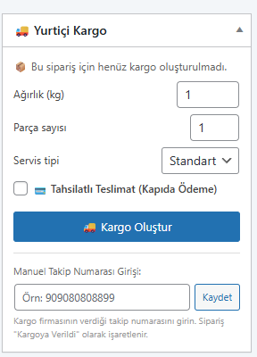Yurtiçi Kargo WooCommerce Eklentisi Panel Görünümü